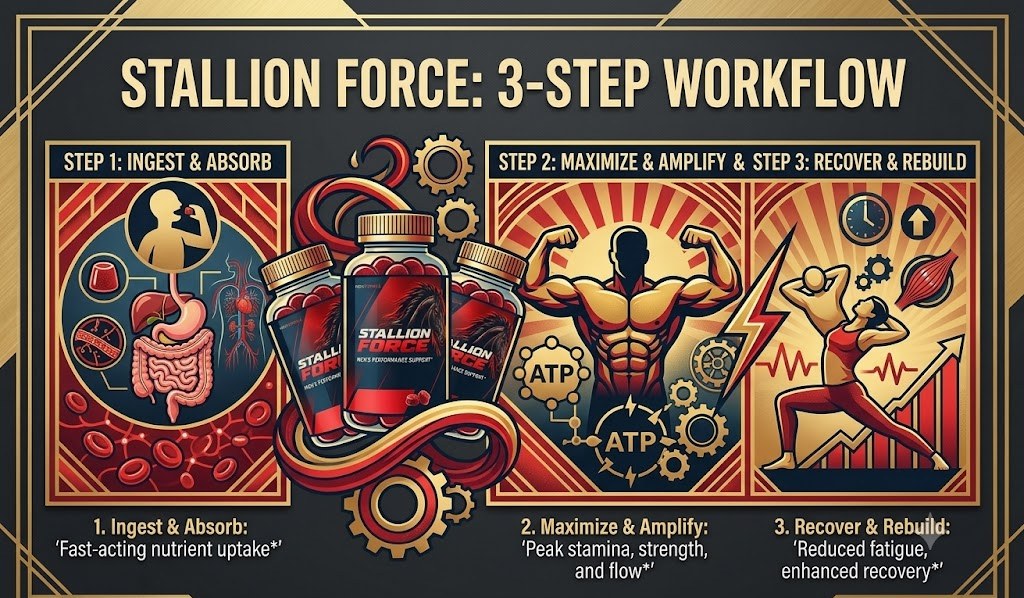 Stallion Force 3-step workflow: the brand graphic showing Ingest and Absorb, Maximize and Amplify, Recover and Rebuild