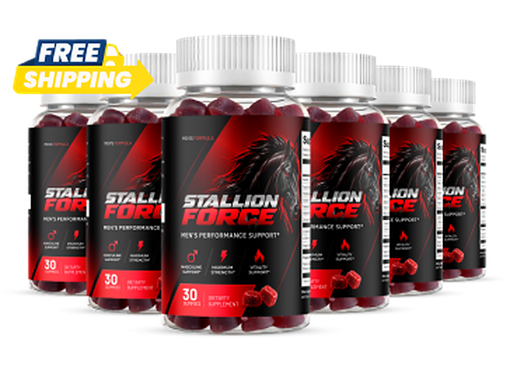 Six bottles of Stallion Force gummies with the brand Free Shipping tag