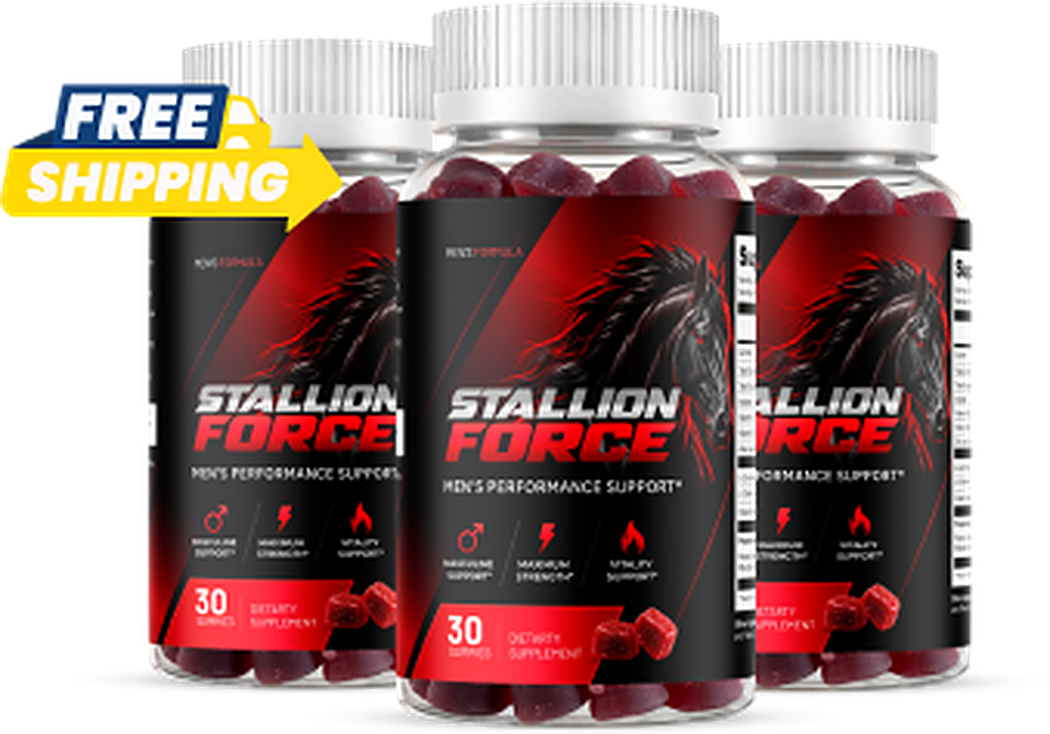 Three bottles of Stallion Force gummies with the brand Free Shipping tag